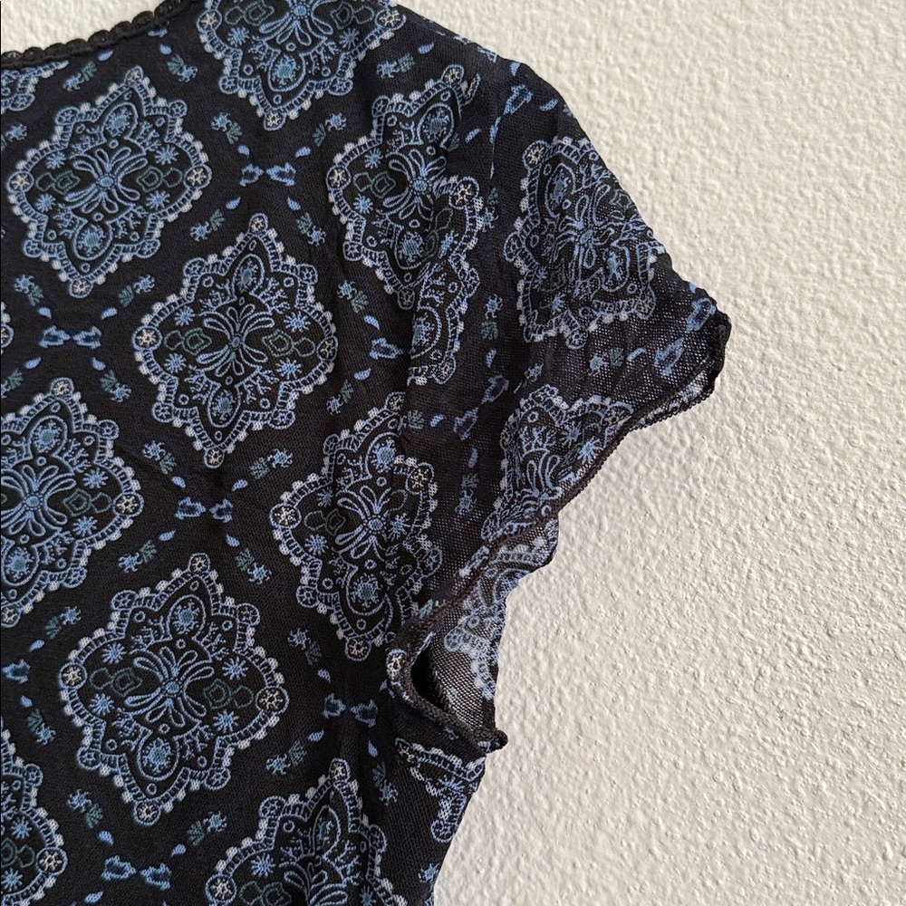 Y2K Sheer Mesh Lace Trim Top Blue Printed Fairy Grunge / Boho Blouse Medium - Picture 7 of 9